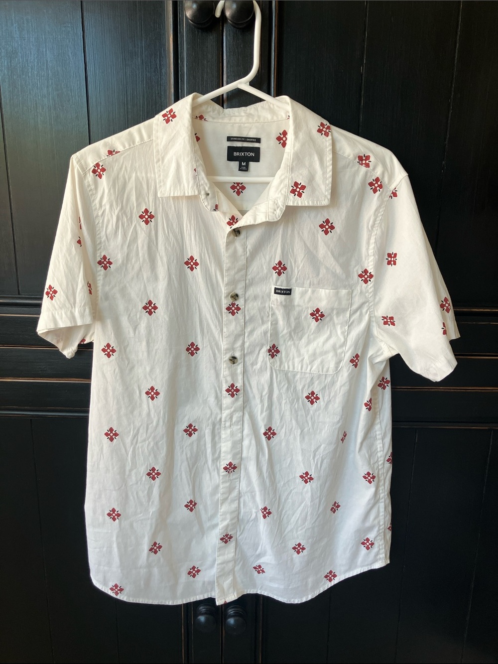 Brixton White Short-Sleeve Button-Up Shirt with Red Geometric Print